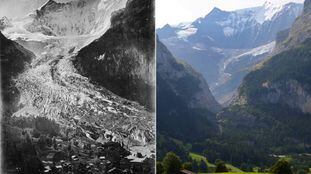 O glacial Lower Grindelwald, nos Alpes suíços, em 1865 e em 2019.