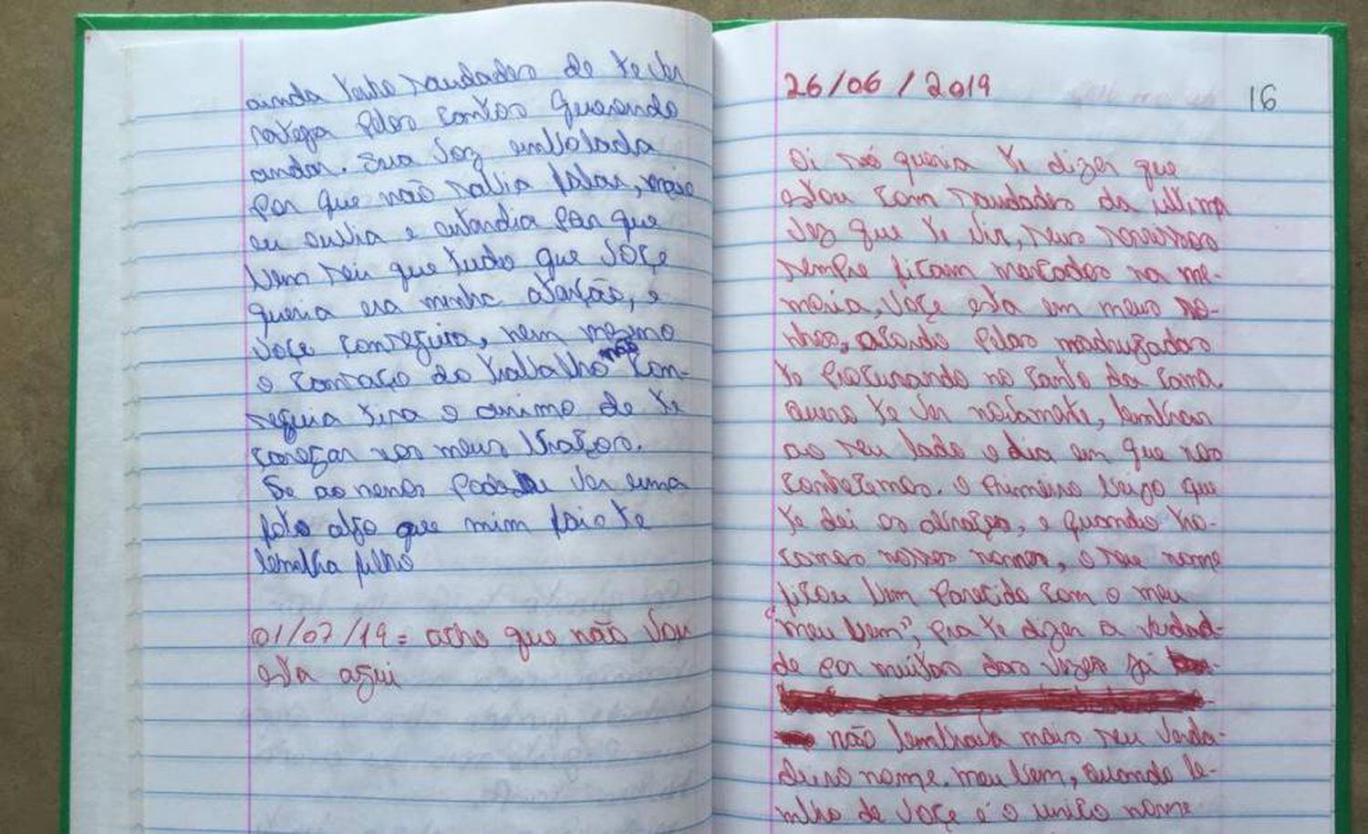 O caderno de Aílton com a carta enviada à companheira assassinada.