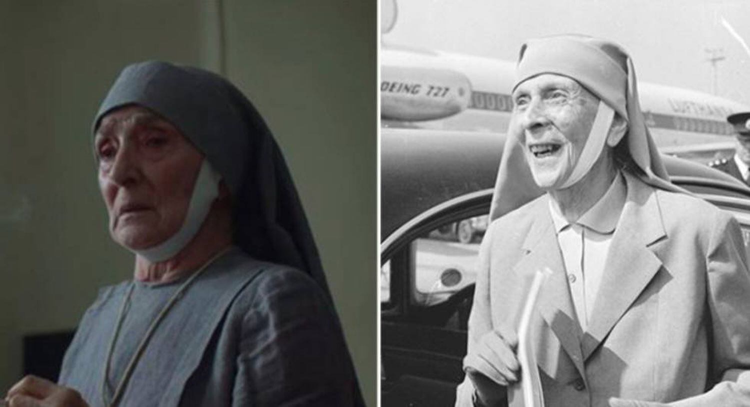 À esquerda, a atriz Jane Lapotaire interpretando a princesa na terceira temporada de ‘The Crown’. À direita, a verdadeira Alice de Battenberg ao chegar a Londres, em 1965.