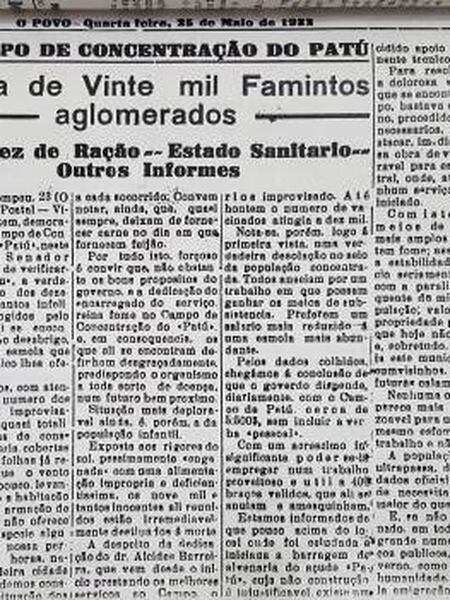 Jornal 'O Povo' de maio de 1932 destacava as condiÃ§Ãµes dos migrantes no 'campo' de Senador Pompeu. 