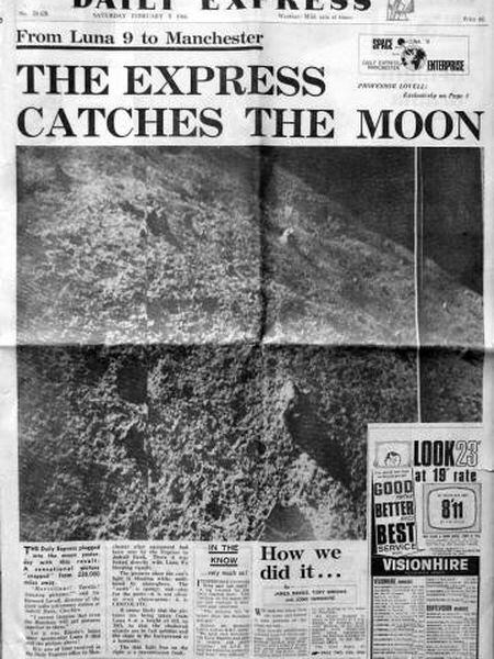 Capa do ‘Daily Express’ de Manchester com a primeira foto transmitida da Lua em fevereiro de 1966.