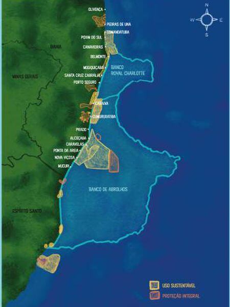 Mapa mostra o Parque Nacional Marítimo de Abrolhos.